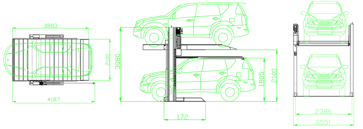 Dimensions of a parking lift with a car